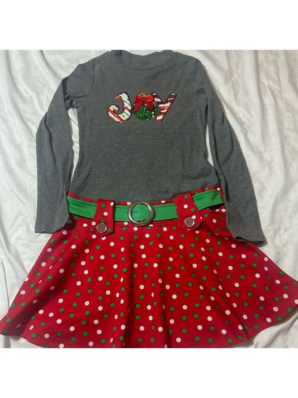 Girls Dress Long Sleeve Holiday Sequin JOY Gray & Holiday Colors L (10 / 12)